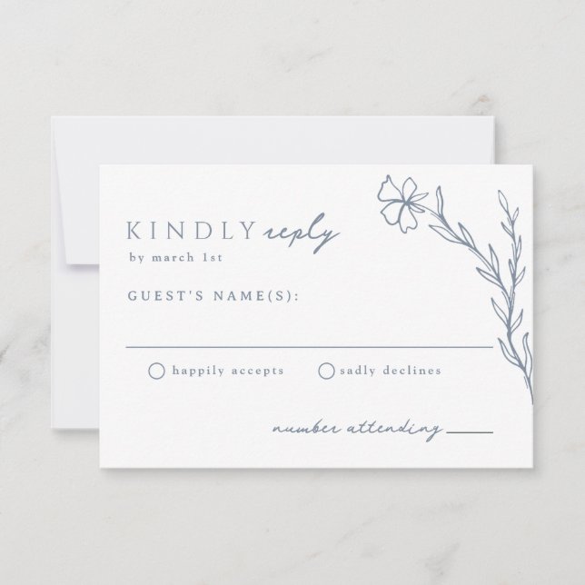 Dusty Steel Blue Modern Stenciled Botanical RSVP Karte (Vorderseite)