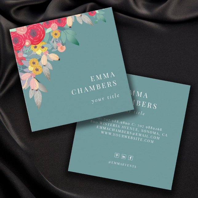 Dusty Turquoise | Boho Floral Business Card Quadratische Visitenkarte (Von Creator hochgeladen)