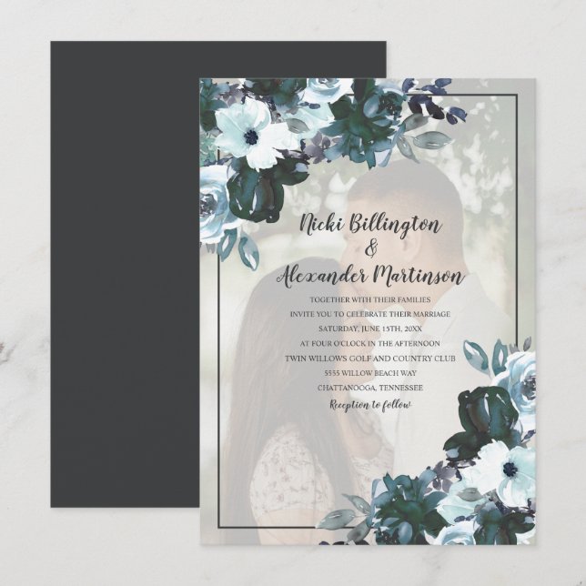 Dusty Twilight Blue Floral Wedding Foto Einladung (Vorne/Hinten)