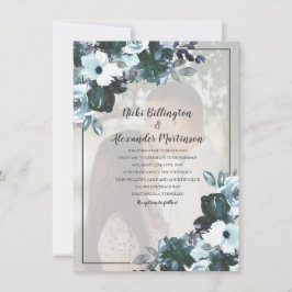 Dusty Twilight Blue Floral Wedding Foto Einladung
