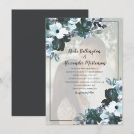 Dusty Twilight Blue Floral Wedding Foto Einladung