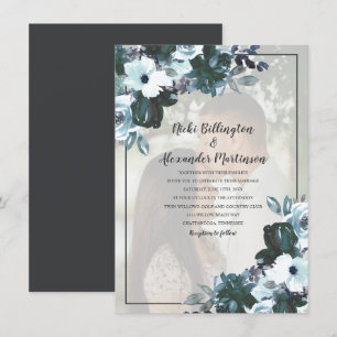 Dusty Twilight Blue Floral Wedding Foto Einladung