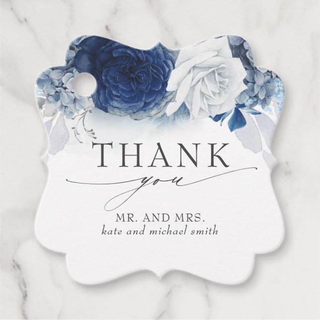 Dusty und Navy Blue Blumen Hochzeit Vielen Dank Geschenkanhänger (Vorderseite)