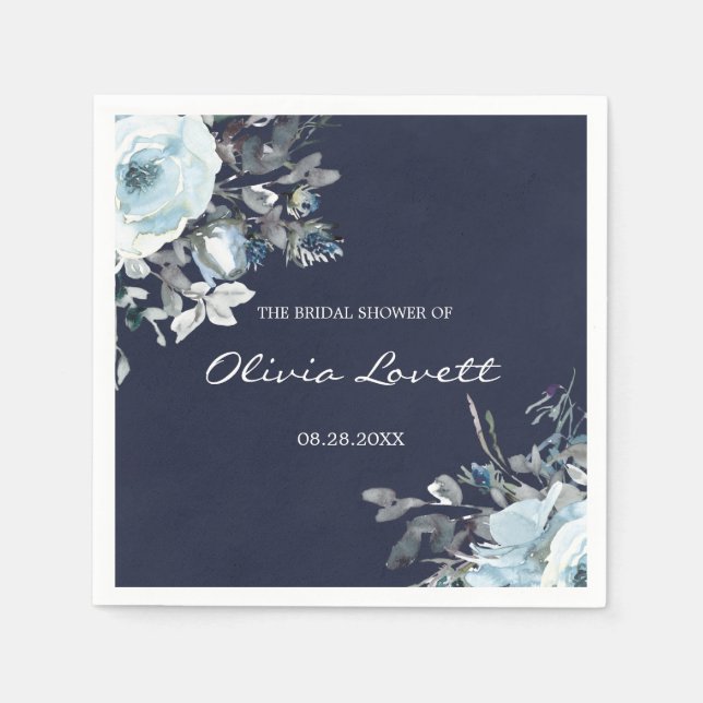Dusty und Navy Blue Botanical Floral Brautparty Serviette (Vorderseite)