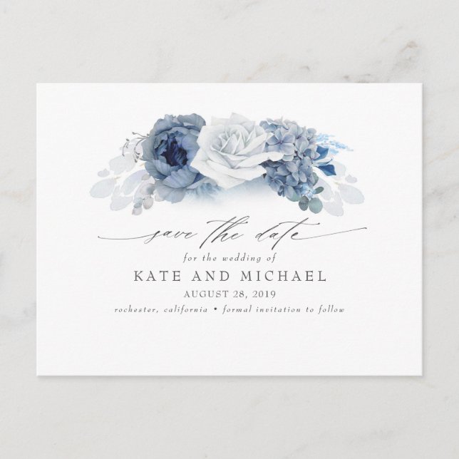 Dusty und Navy Blue Floral Boho Save the Date Postkarte (Vorderseite)
