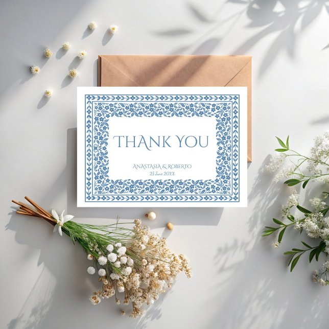 Dusty Vintag Blumengrenzboho Dankeskarte (Dusty blue vintage floral border boho thank you cards)