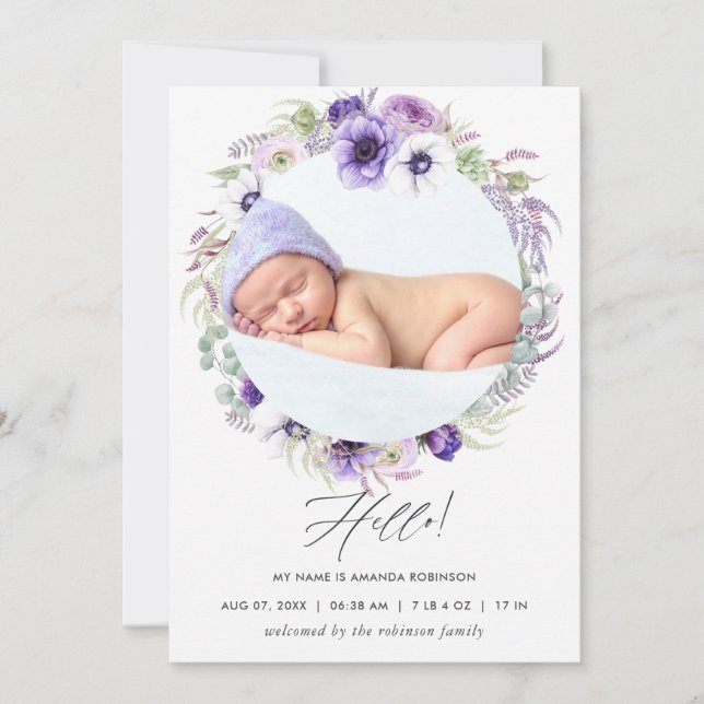 Dusty Violet Birth Announcement Foto Card Ankündigung (Vorderseite)
