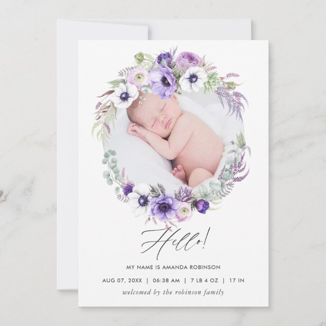 Dusty Violet Faire-part de naissance Carte photo (Devant)
