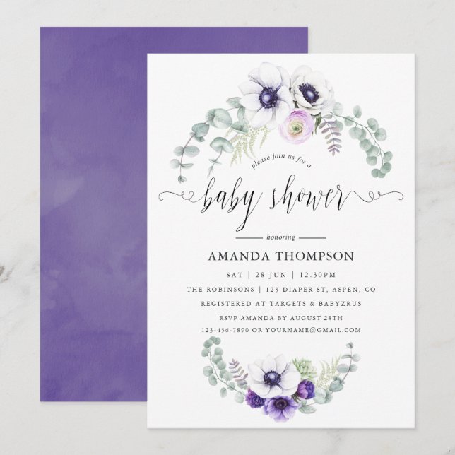 Dusty Violet Floral Baby Dusche Einladung (Vorne/Hinten)