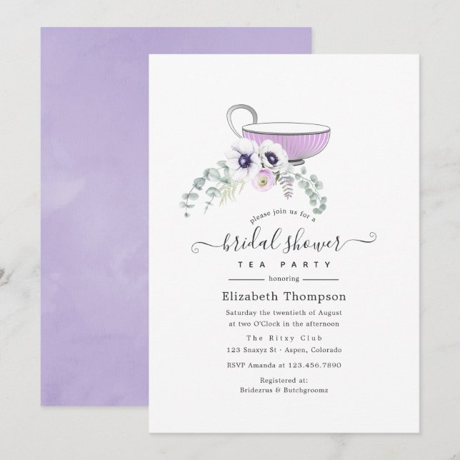 Dusty Violet Floral Brautparty Teezeremonie Party Einladung (Vorne/Hinten)