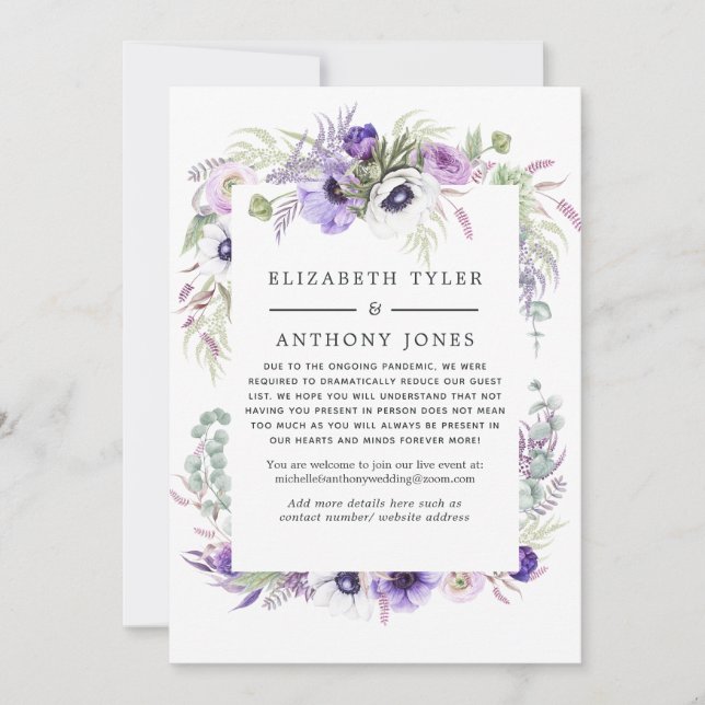 Dusty Violet Floral Reduced Wedding Guest List Ankündigung (Vorderseite)