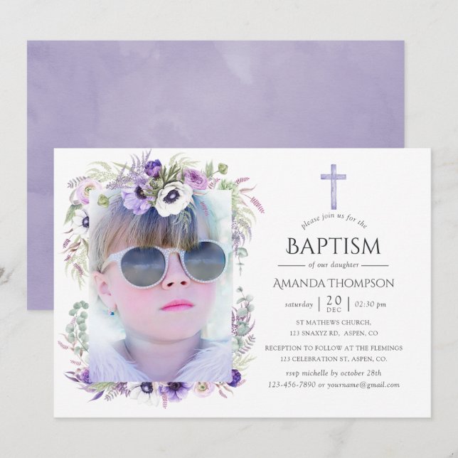 Dusty Violet Floral Taufe oder Weihnachten Einladung (Vorne/Hinten)