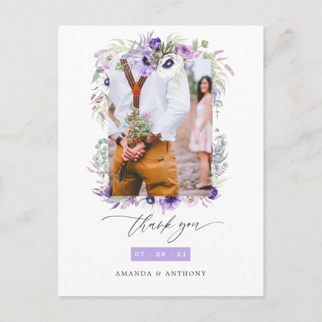 Dusty Violet Pastel Floral Wedding Foto Vielen Dan Postkarte (Vorderseite)