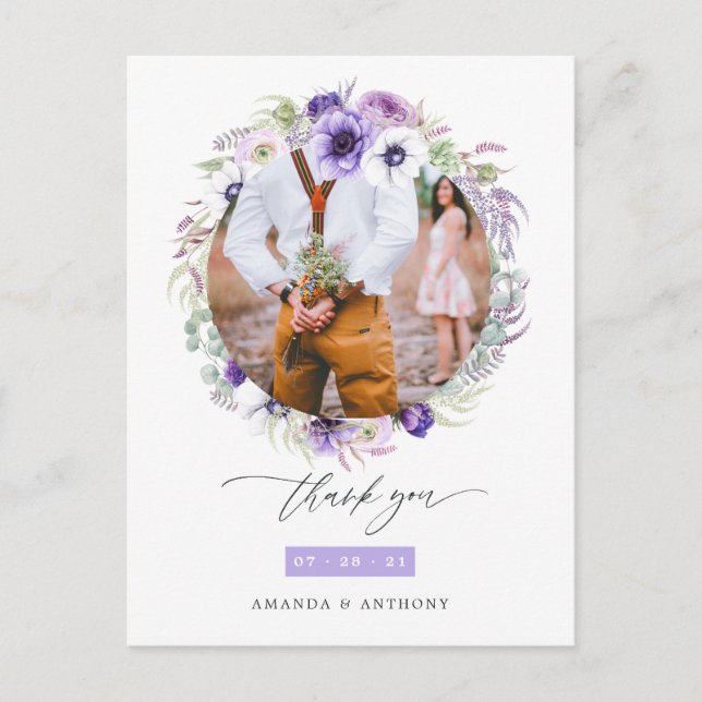 Dusty Violet Pastel Floral Wedding Foto Vielen Dan Postkarte (Vorderseite)
