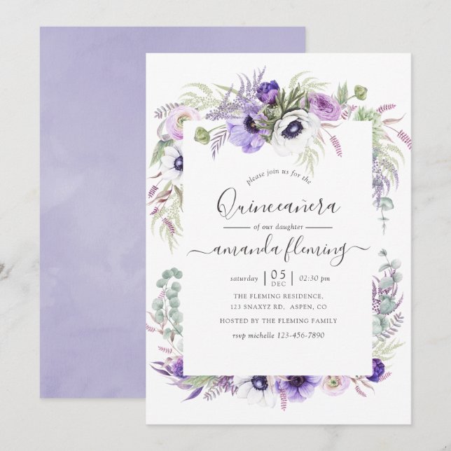 Dusty Violet Watercolor Floral Quinceañera Einladung (Vorne/Hinten)