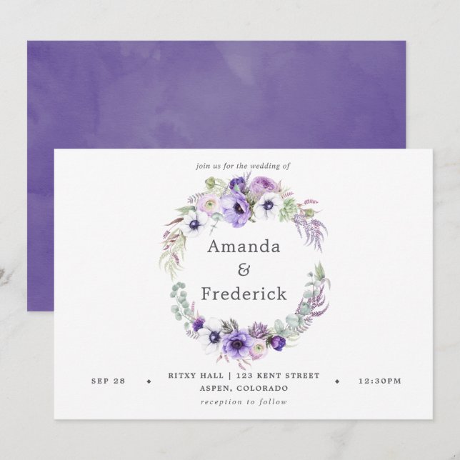 Dusty Violet Wedding Watercolor Floral Einladung (Vorne/Hinten)