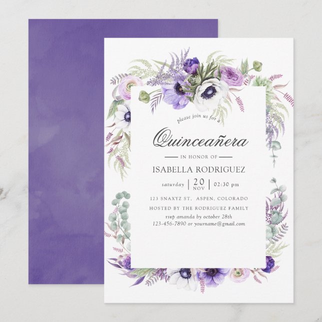 Dusty Violet Wedding Watercolor Quinceañera Einladung (Vorne/Hinten)