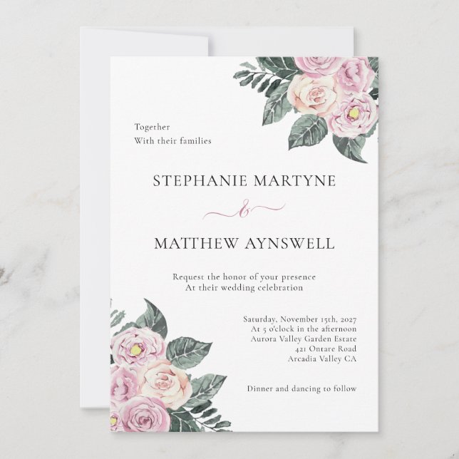 Dusty Watercolor Rose Rosa Blush Bloral Hochzeit Einladung (Vorderseite)