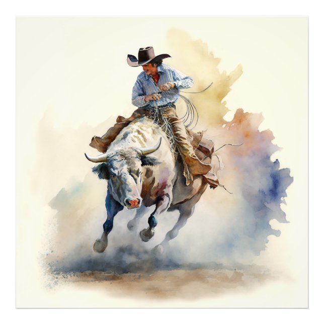 Dusty Western Wasserfarbe "Rodeo Bull Rider" Fotodruck (Vorne)