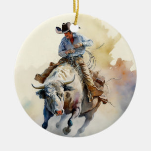 Dusty Western Wasserfarbe "Rodeo Bull Rider" Keramik Ornament