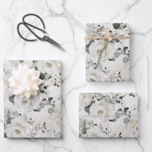Dusty White Peony & Silver Eukalyptus Greenery Geschenkpapier Set