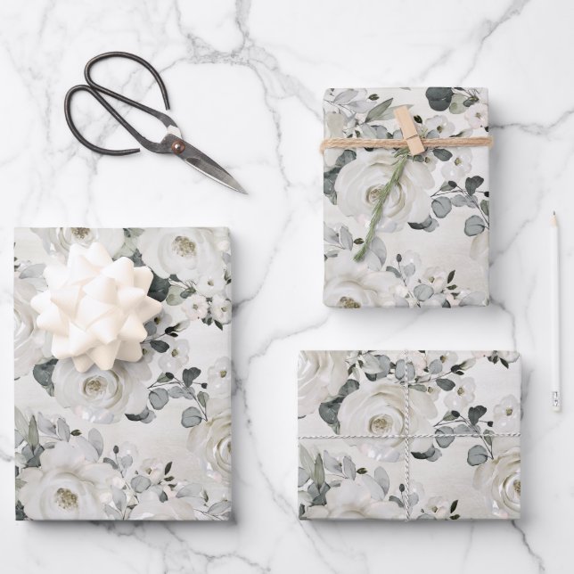 Dusty White Peony & Silver Eukalyptus Greenery Geschenkpapier Set (Vorderseite)