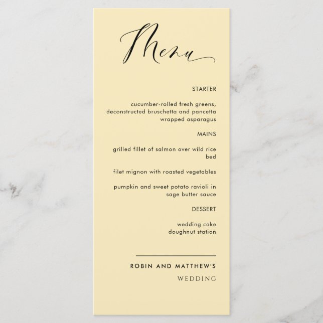 Dusty Yellow, Calligraphy Wedding / Empfang Menu Menükarte (Vorderseite)