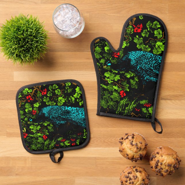 Dutch Art Nouveau Peacock and Butterfly Ofenhandschuh & Topflappen-Set (Oben Unten)