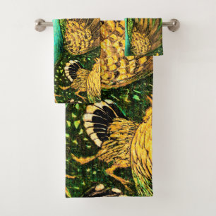Dutch Art Nouveau Peacock and Chickens Badhandtuch Set