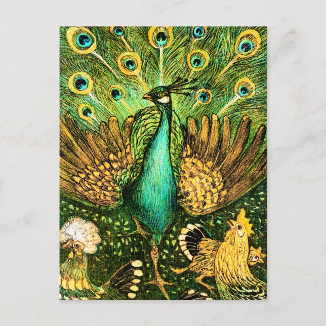 Dutch Art Nouveau Peacock and Chickens Postkarte (Vorderseite)