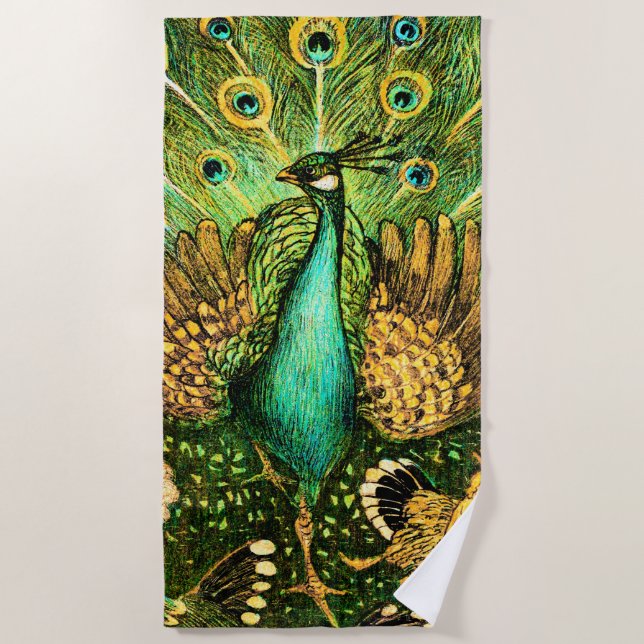 Dutch Art Nouveau Peacock and Chickens Strandtuch (Vorderseite)