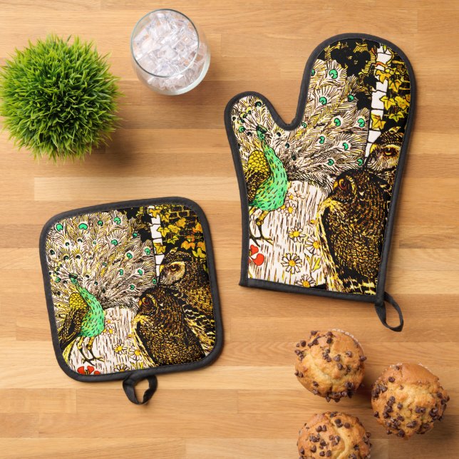 Dutch Art Nouveau Peacock and Owls Ofenhandschuh & Topflappen-Set (Oben Unten)