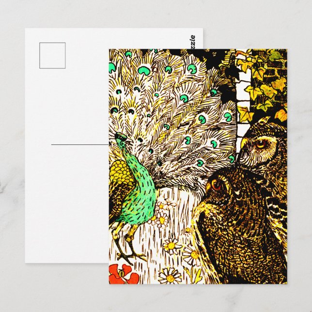 Dutch Art Nouveau Peacock and Owls Postkarte (Vorne/Hinten)