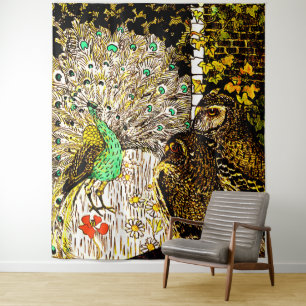 Dutch Art Nouveau Peacock and Owls Wandteppich
