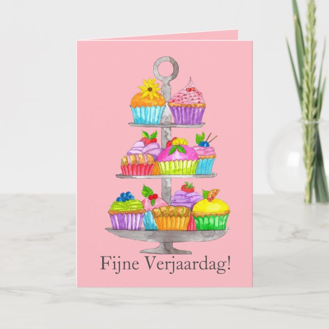Dutch Birthday Watercolor cupcakes Card Karte (Vorderseite)