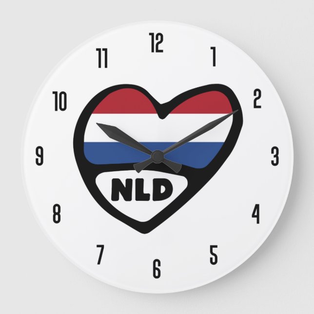Dutch Country Code NLD Flag Heart Große Wanduhr (Vorderseite)