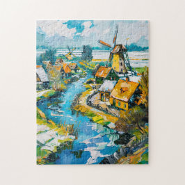 Dutch Countryside with Windmills and Water Channel