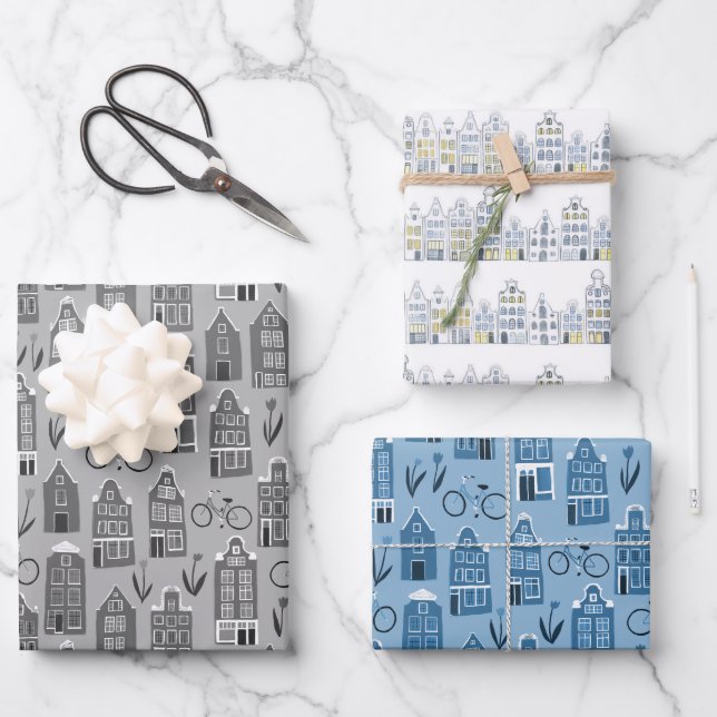 Dutch Houses Bikes Tulips Amsterdam Varieté Geschenkpapier Set (Vorderseite)