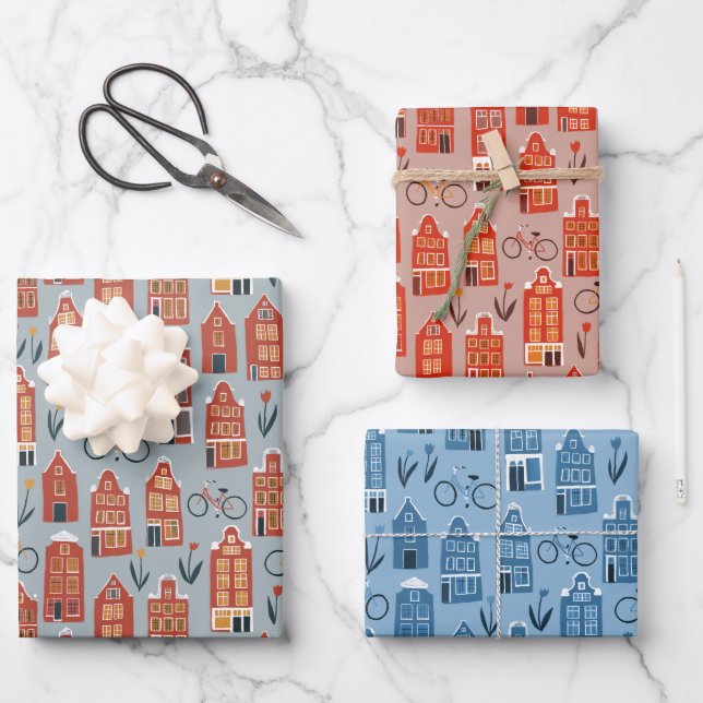 Dutch Houses Bikes Tulips Amsterdam Varieté Geschenkpapier Set (Vorderseite)