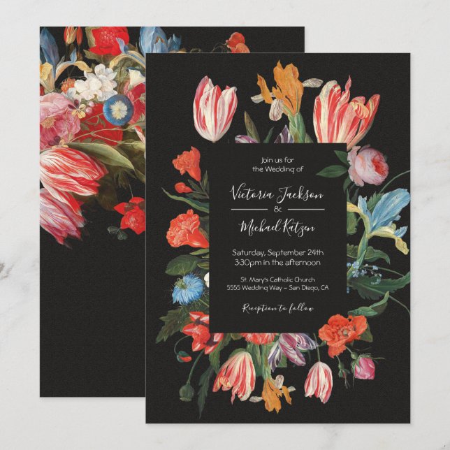 Dutch Maste Floral Dark & Moody Wedding Einladung (Vorne/Hinten)