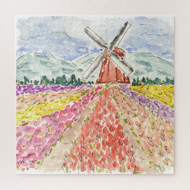 Dutch Tulip Fields Netherlands Watercolor (Vertikal)