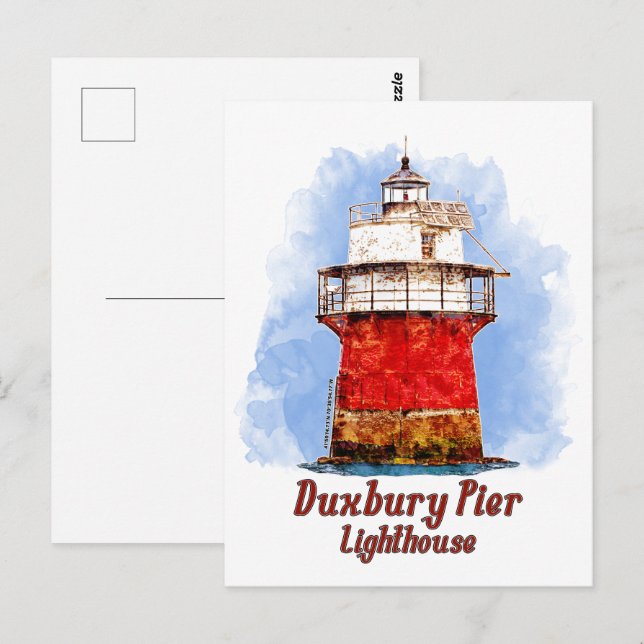 Duxbury Pier Lighthouse Wasserfarbe - Massachusett Postkarte (Vorne/Hinten)