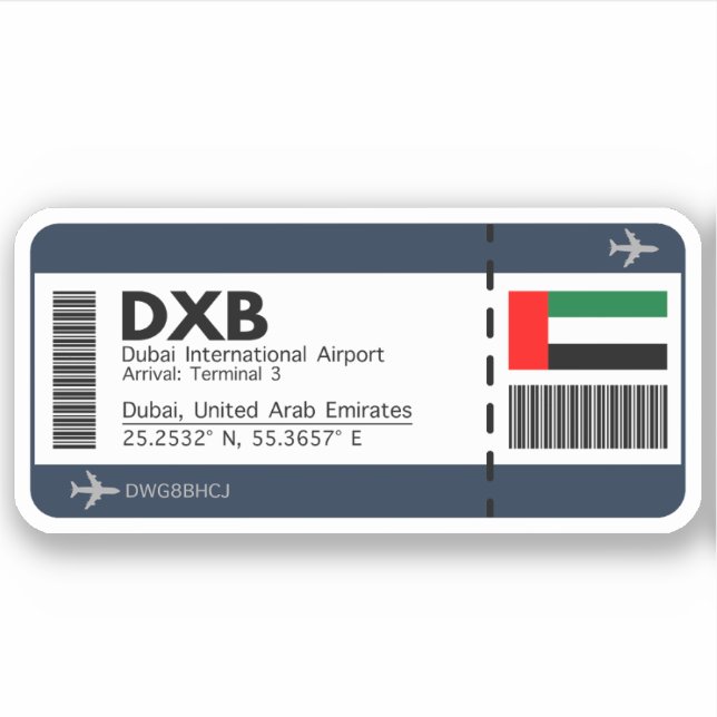 DXB Dubai Boarding Pass - Dubai Ticket Aufkleber (Vorderseite)