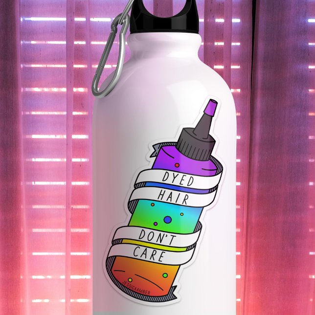 Dyed Hair Rainbow Bottle Funny Cartoon Aufkleber (Sticker featuring a hair dye bottle with rainbow liquid, and banner says 'Dyed Hair Don't Care')