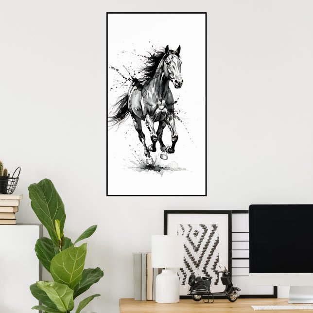 Dynamic Black and White Horse Poster (Heimbüro)