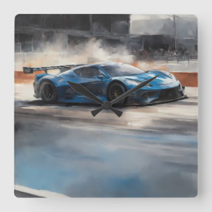 Dynamic Blue Urban Race Scene Quadratische Wanduhr