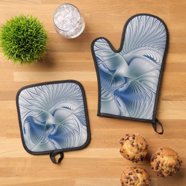 Dynamic Fantasy Abstract Blue Tones Fractal Art Ofenhandschuh & Topflappen-Set (Oben Unten)
