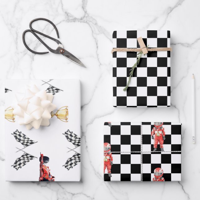Dynamic Motorsport Checkered Flag Birthday Geschenkpapier Set (Vorderseite)