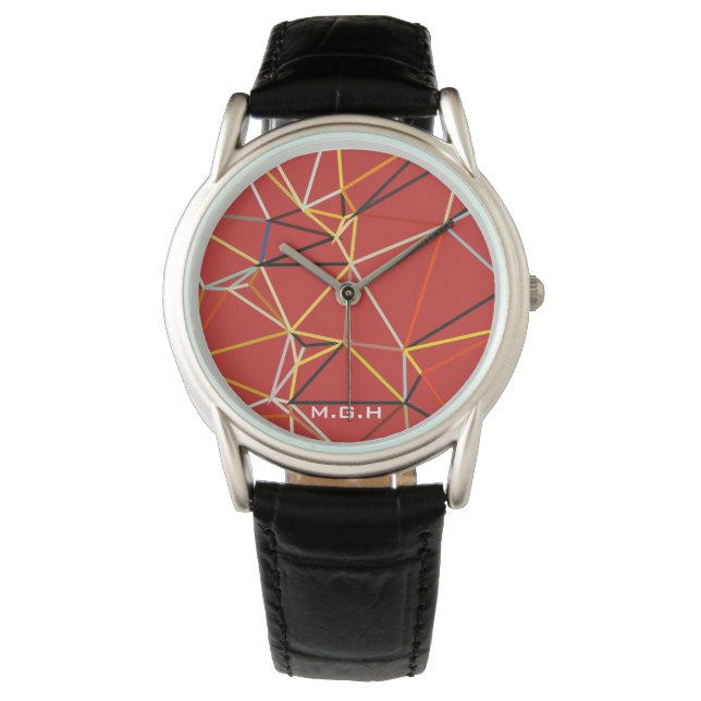 Dynamic Red Abstract Geometric Monogram Armbanduhr (Vorderseite)