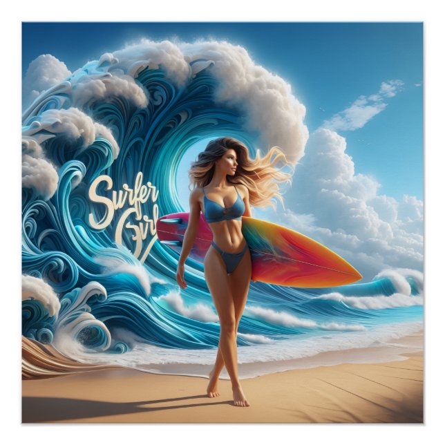 Dynamic Surfer Girl Walking Beach Waves Art Poster (Vorderseite)